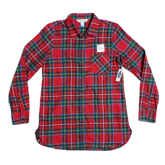 Old Navy Womens Lightweight Flannel Tunic Shirt Red Tartan Size Small NWT - Picture 1 of 5